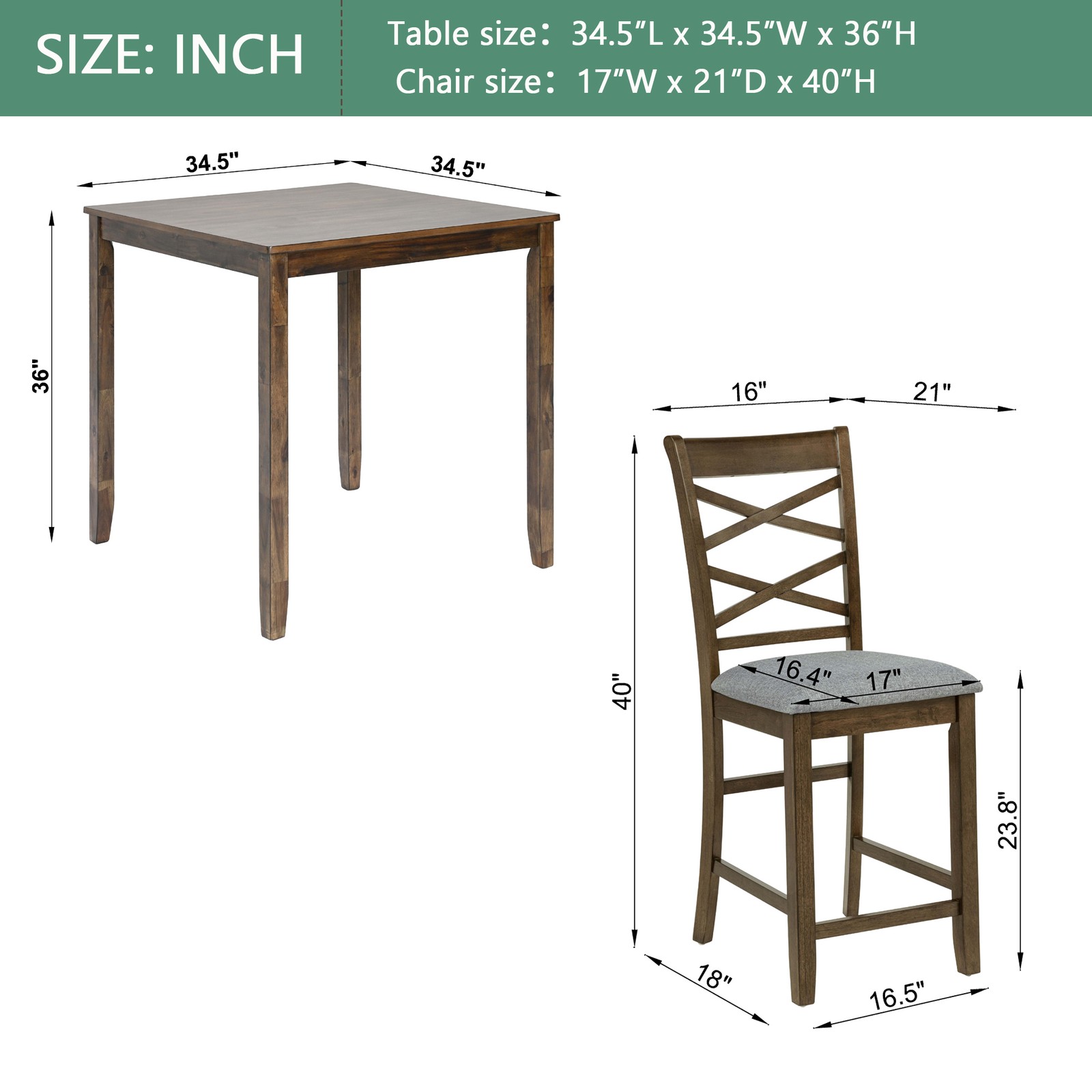 5-Piece Counter Height Square Wooden Dining Table Set w/ 4 Upholstered Chairs