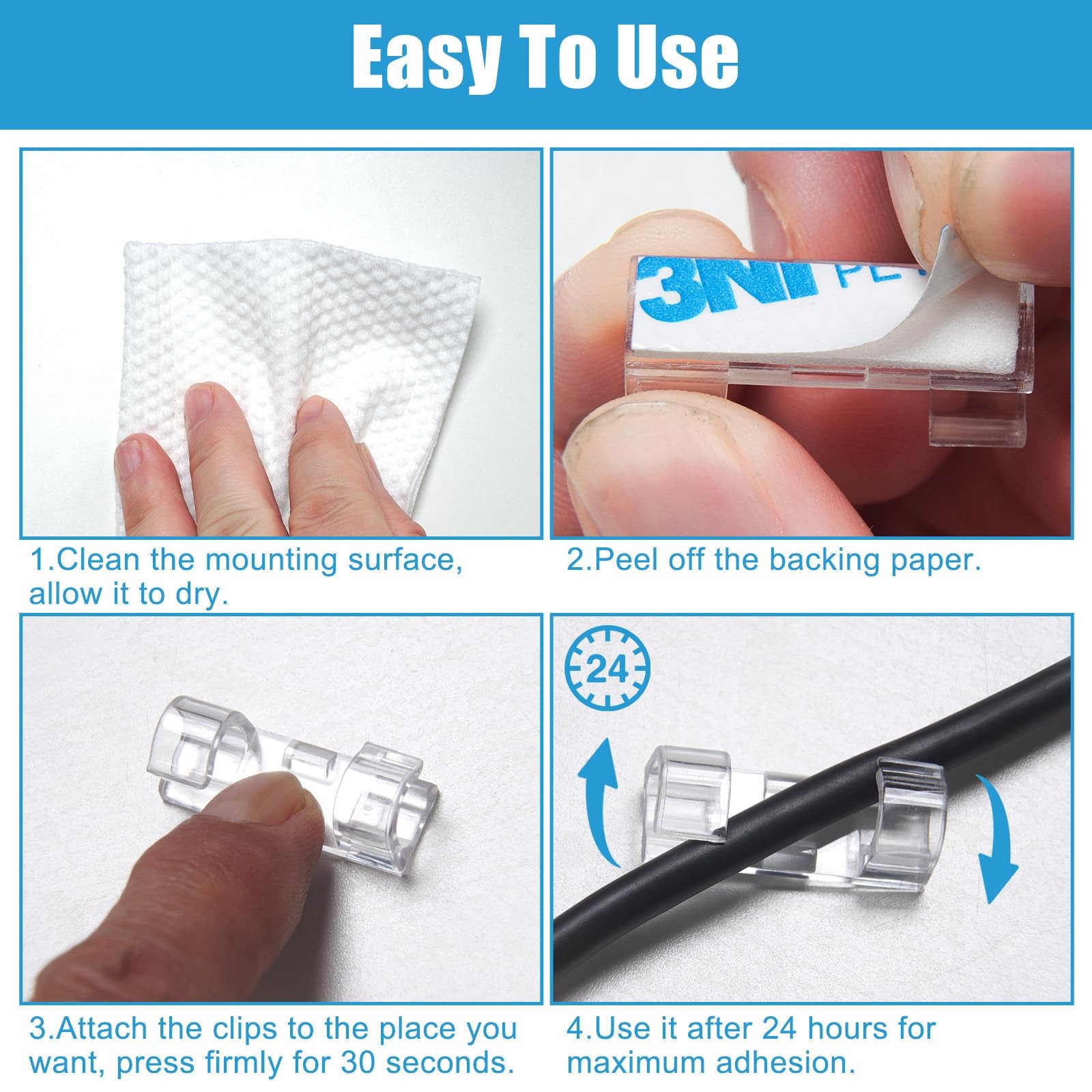 40PCS Strong Adhesive Cable Clips Clear, Premium Wire Holders for Wall, clear