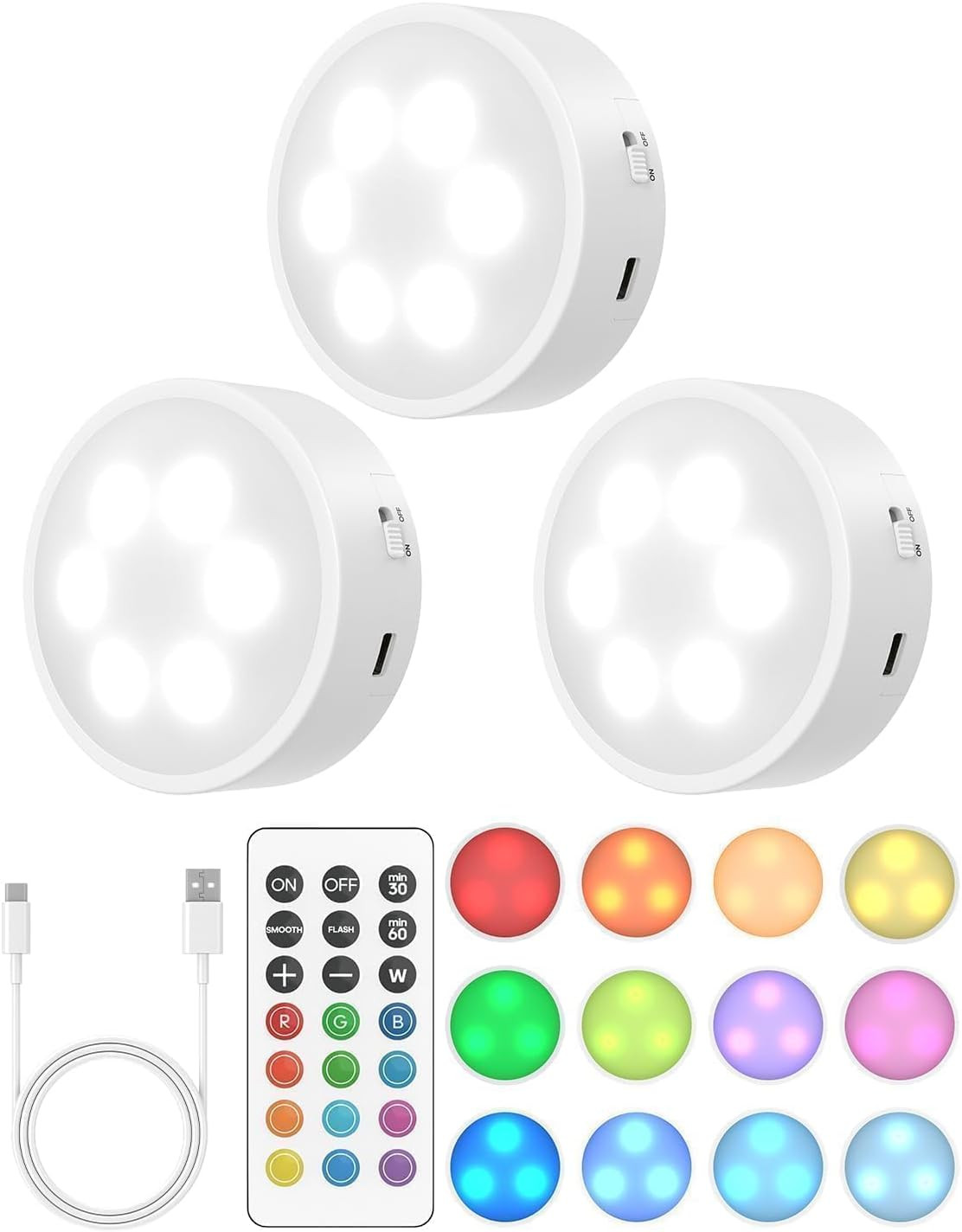 Puck Lights with Remote, Rechargeable 13 RGB Colors Tap Lights, 3 Pack | Under C