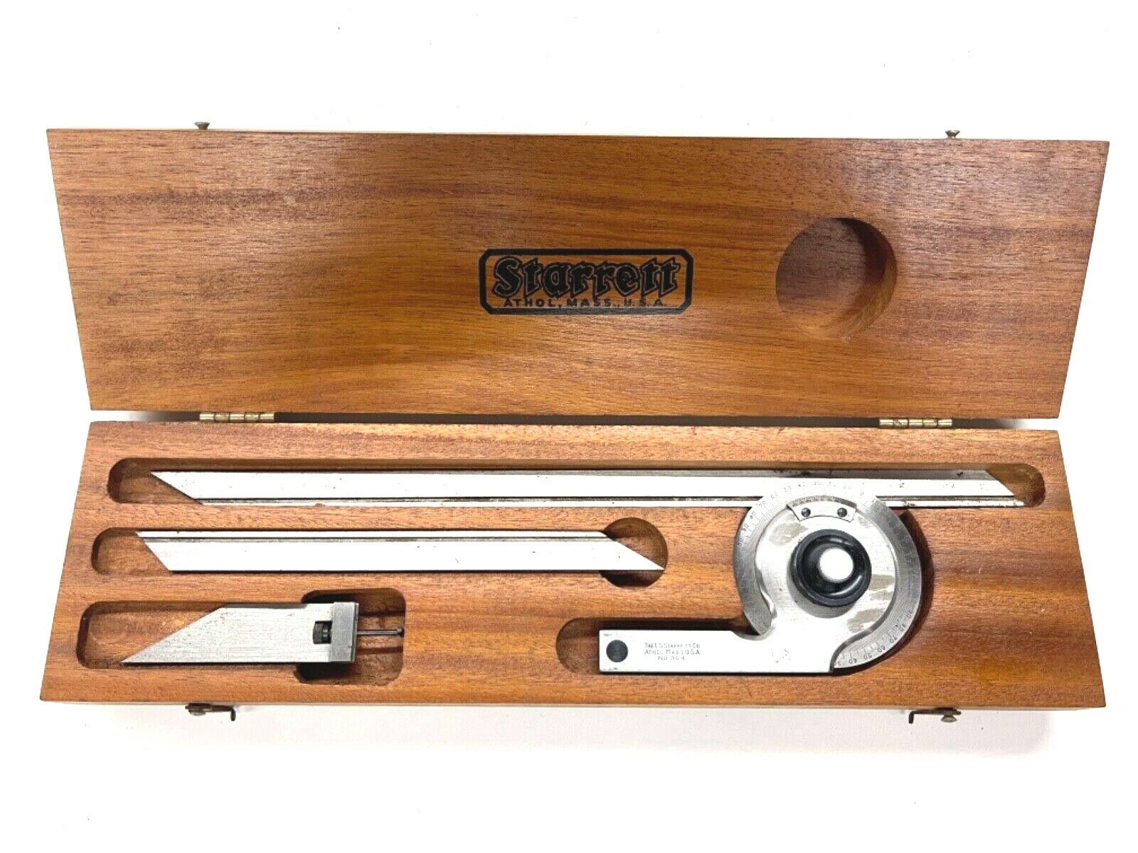 STARRETT TOOLS No. 364 BEVEL PROTRACTOR w/ 7” & 12” BLADES, WOODEN CASE