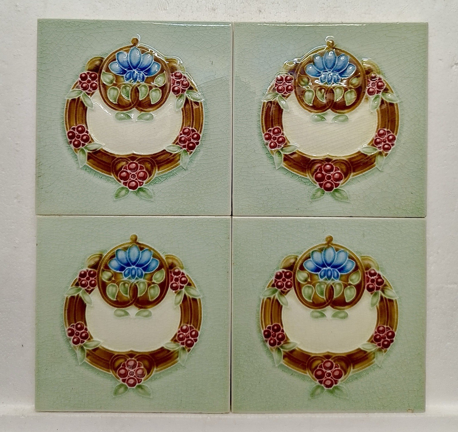Rare Vintage 4 Pcs Beautiful Flowers Design Majolica Ceramic Tiles.