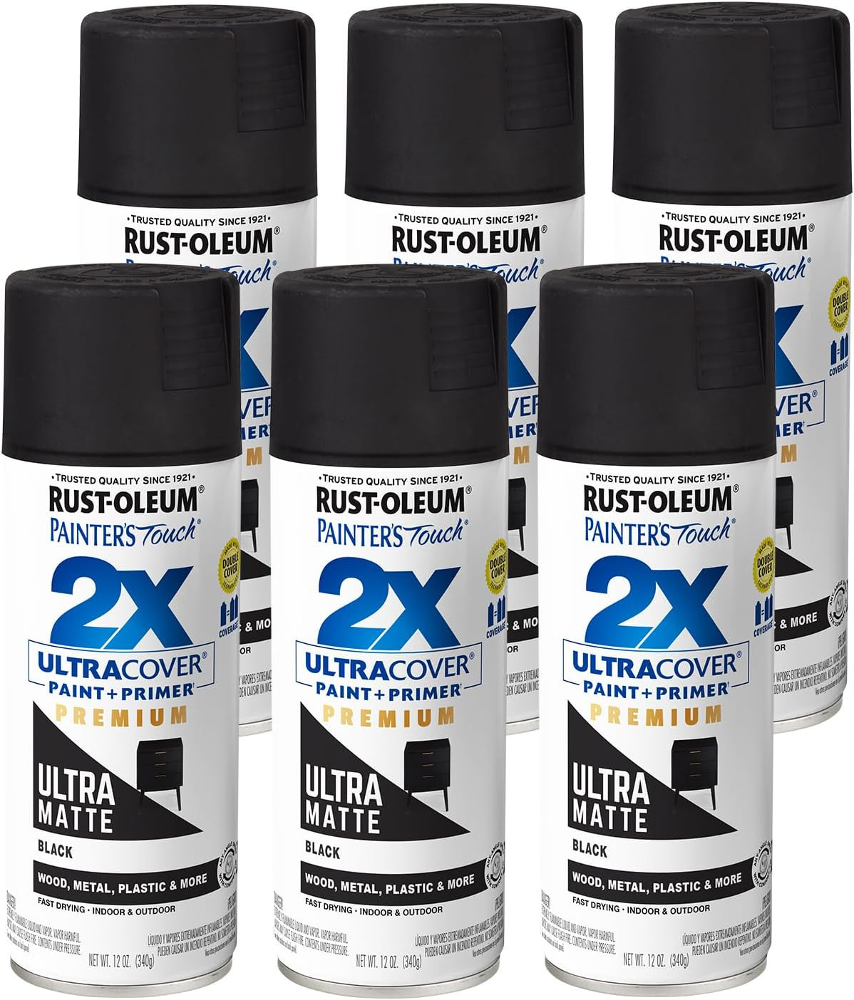 Painter's Touch 2X Ultra Cover 12 Oz Pack Of 6 Ultra Matte Black Spray Paint