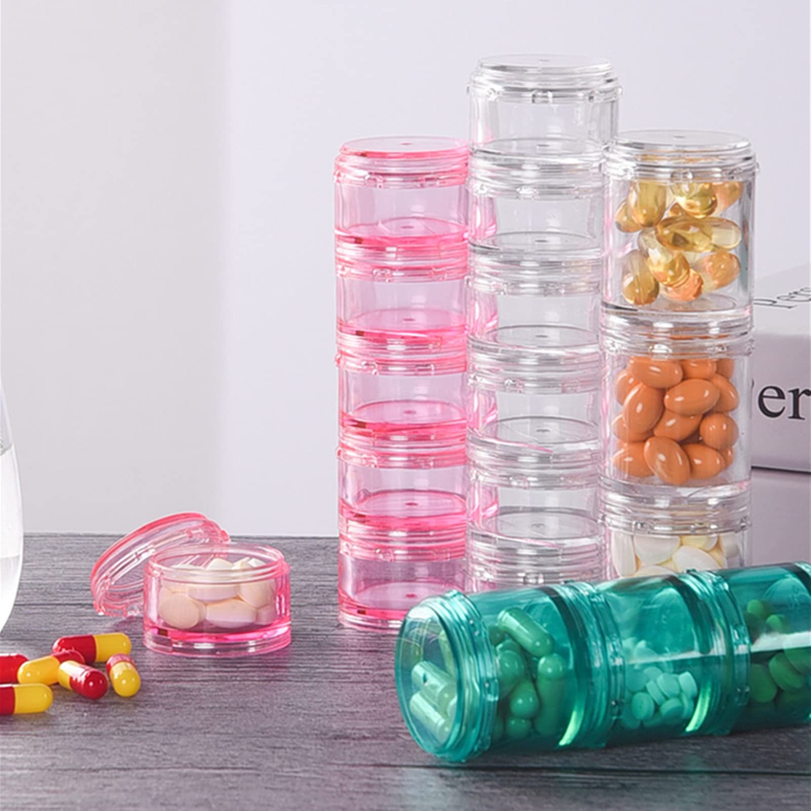 7 Day Stackable Pill Organizers Round Pill Tower Boxes with Lids for Supplements