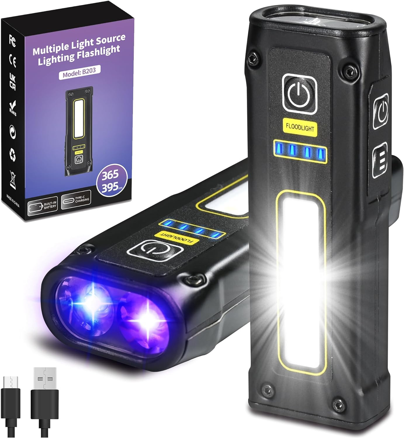UV Flashlight 365+395 Blacklight LED EDC Flashlights High Lumen USB C...