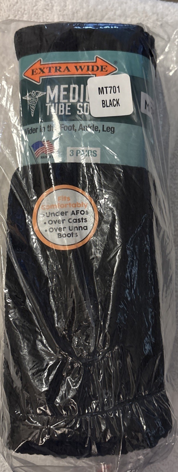 Extra Wide Tube Socks Size 9-16 Up to 6E Stretch 3-Pack BLACK Made in USA