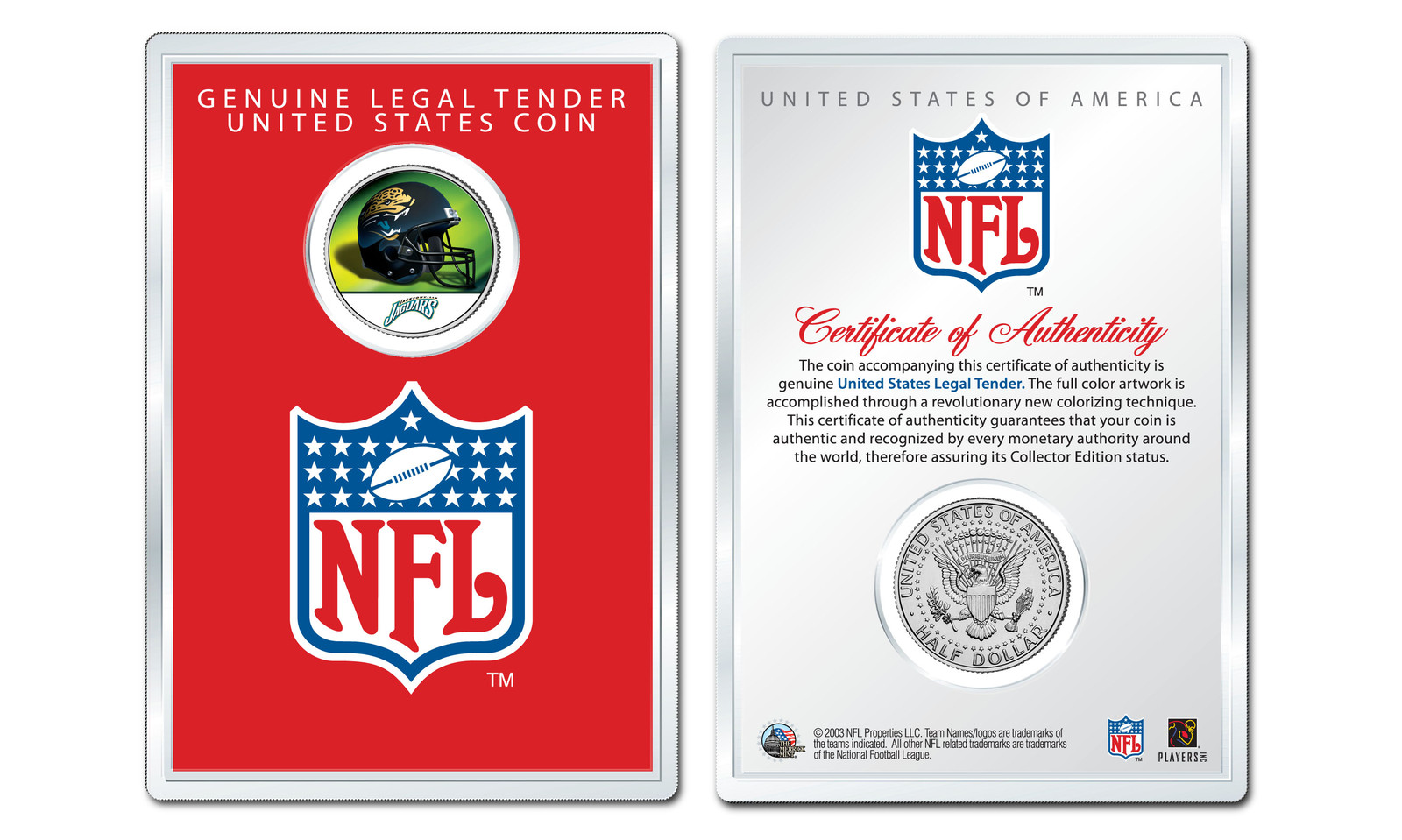 JACKSONVILLE JAGUARS NFL Helmet JFK Half Dollar Coin w/4x6 Lens Display LICENSED