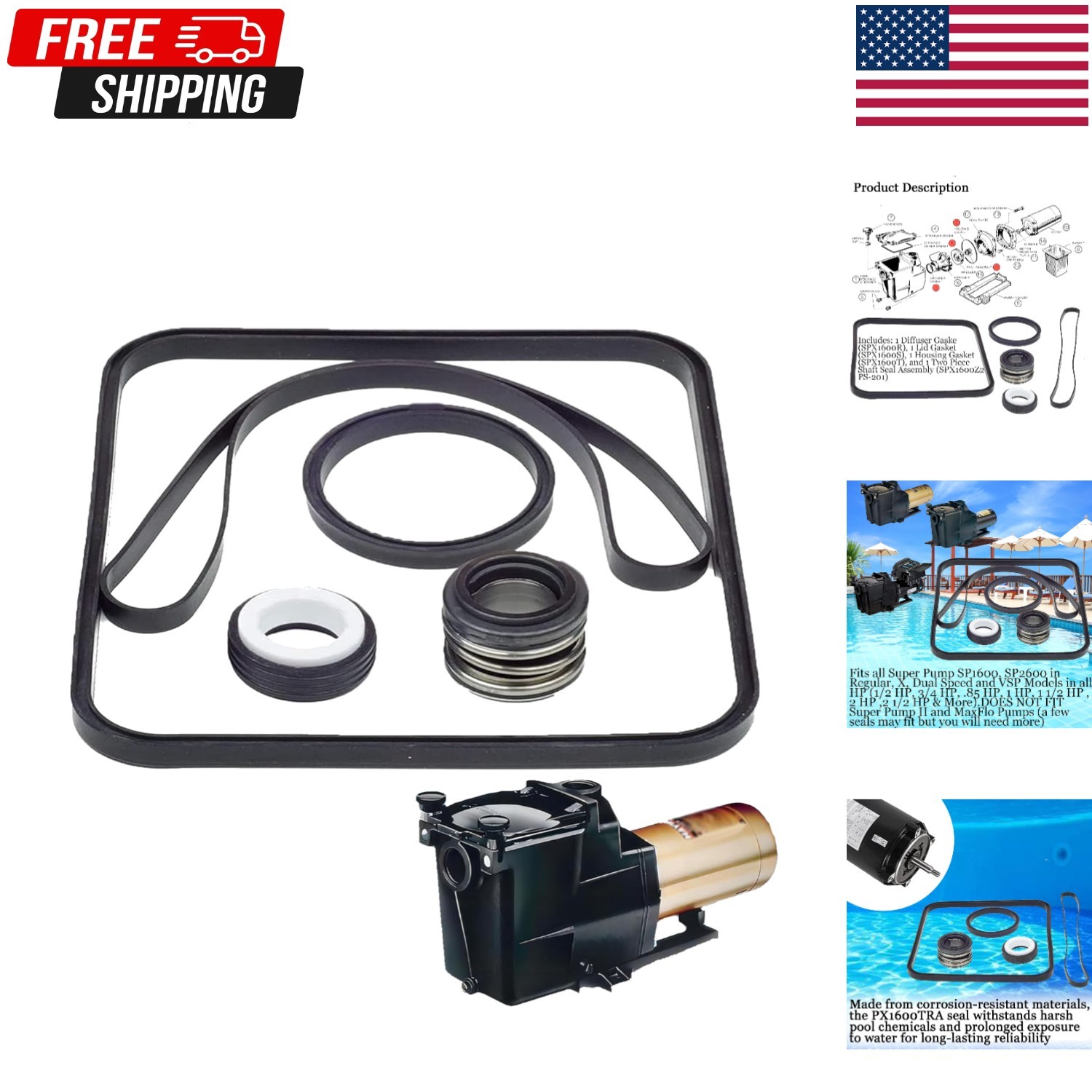 Super Pump Seal Replacement for Hayward Go Kit 3. All 3 Gaskets & Shaft Seal. Fi