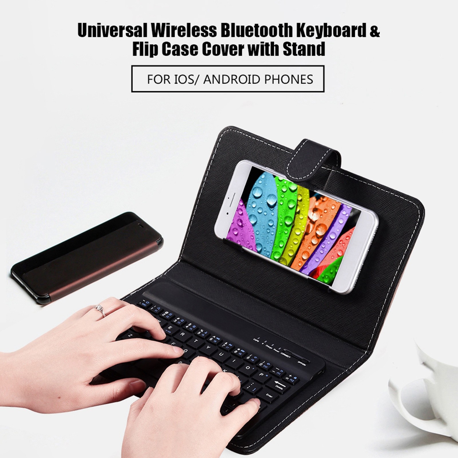 Portable Bluetooth Keyboard Phone Case Flip Stand Cover for 4.5-6.8" Smartphones
