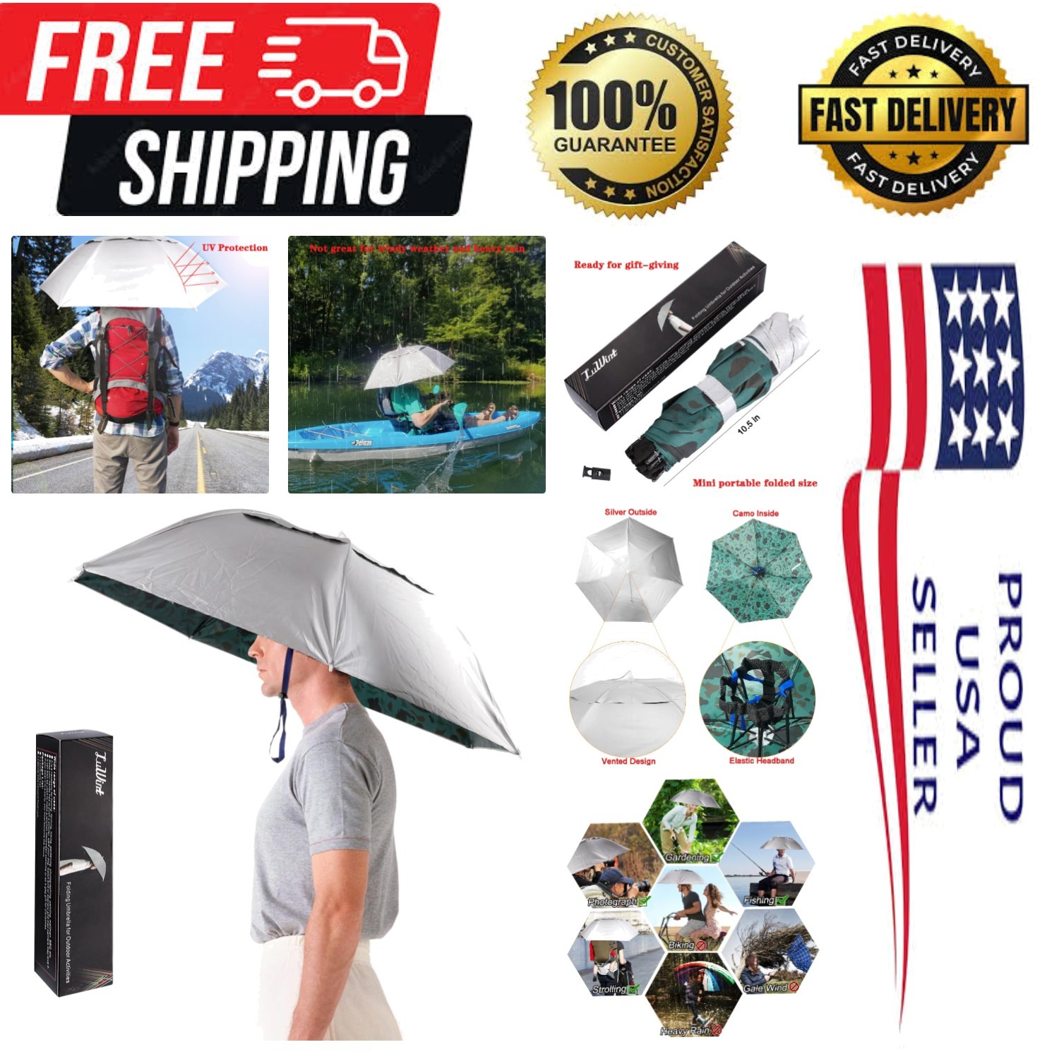 Luwint Head Umbrella Hat, Compact Folding Hands Free Hat Umbrella for Adults Rai