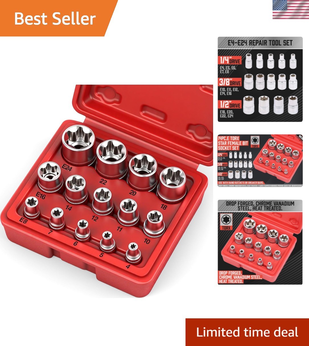 14-Piece E-TORX Socket Set -  Female Torx Socket Set, Ultimate Torque Star So...