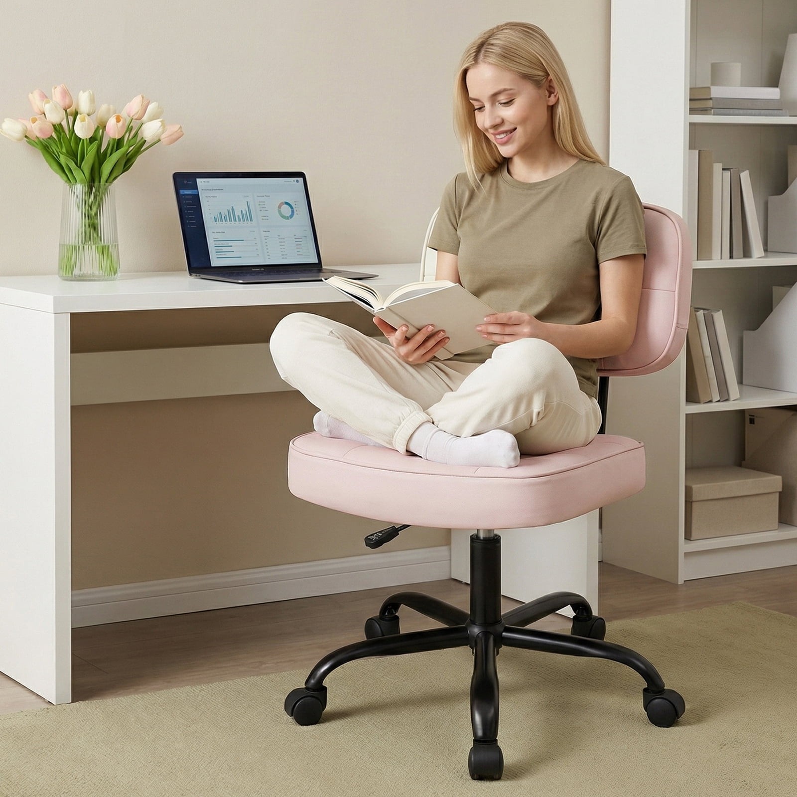 Ergonomic PU Leather Desk Chair Armless Rolling Chair W/ Thickened Cushion Small