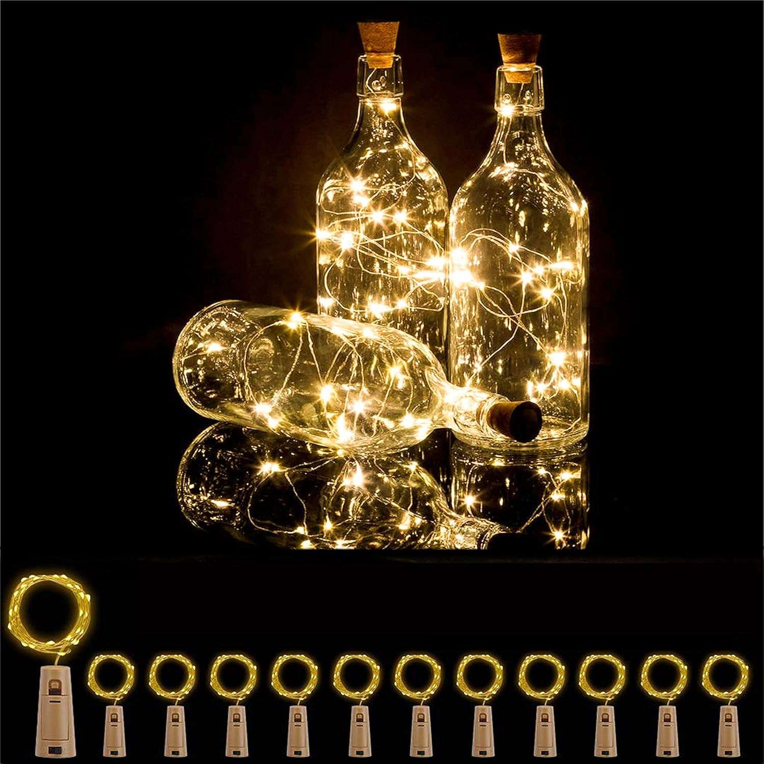 12 Solar Wine Bottle Lights Waterproof Copper Cork Lights W/ 20Leds, Warm White