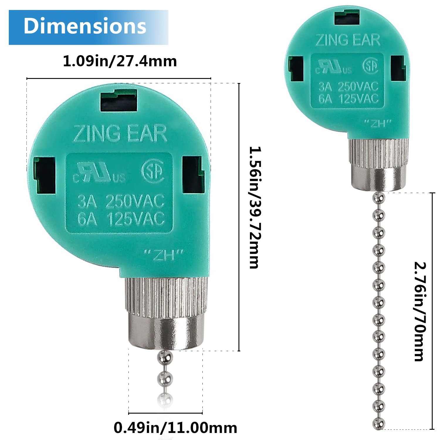 Ceiling Fan Switch, 4 Wire Zing Ear ZE-268S6 Pull ZE-268s6 Nickel, Nickel