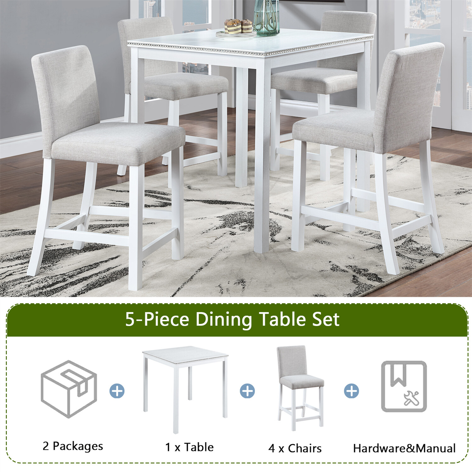 5 Piece Dining Table Set Wood Dining Table w/ 4 Chairs for Kitchen Dining Room