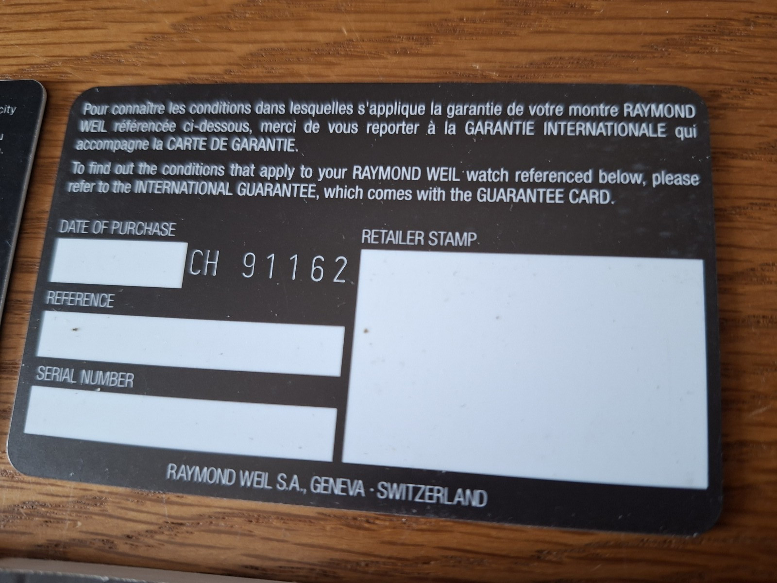 Raymond Weil Guarantee Certificate Authenticity Cards Instruction Booklets