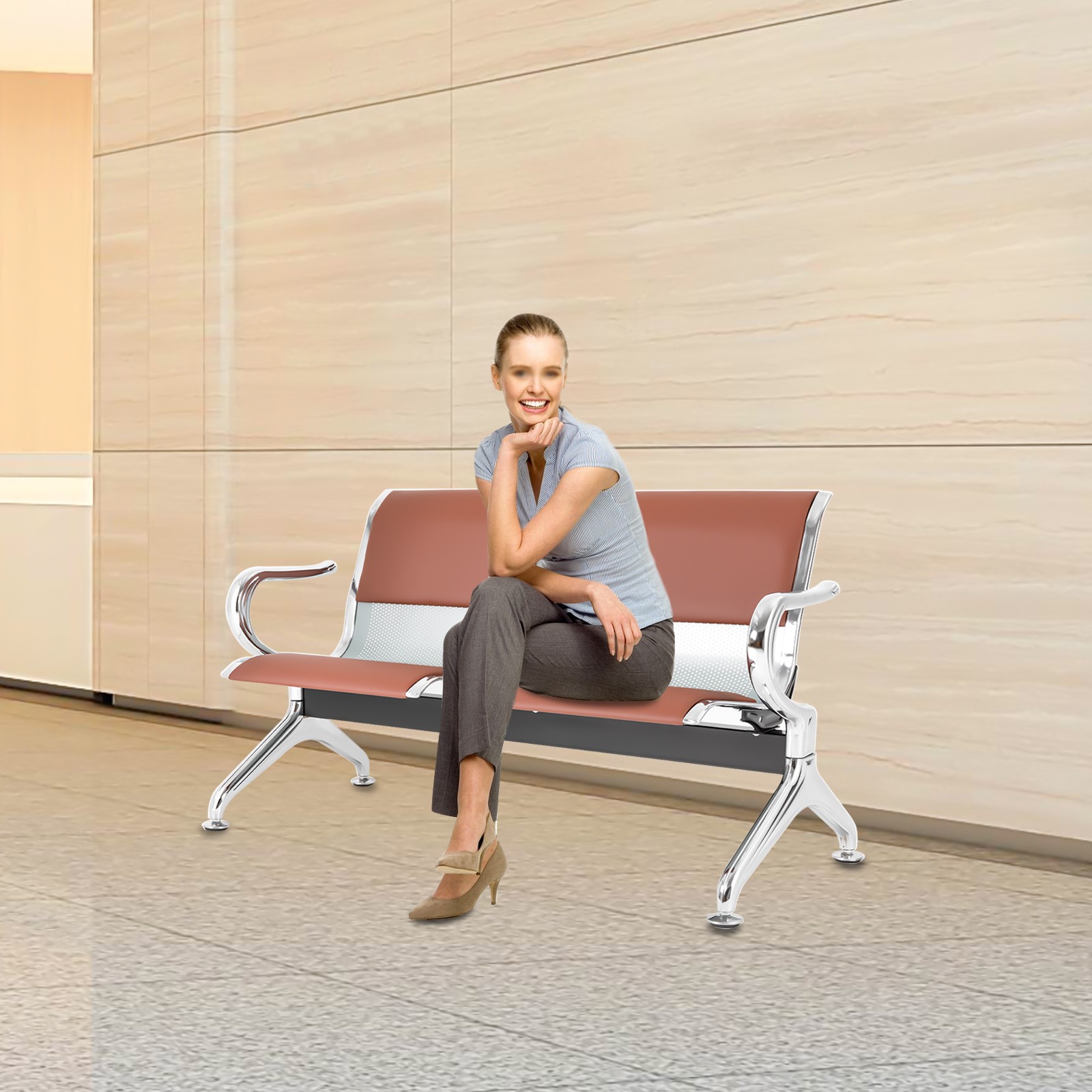 Waiting Room Chair Reception Guest Chair Office Bank Airport Bench 2 Seat, Brown