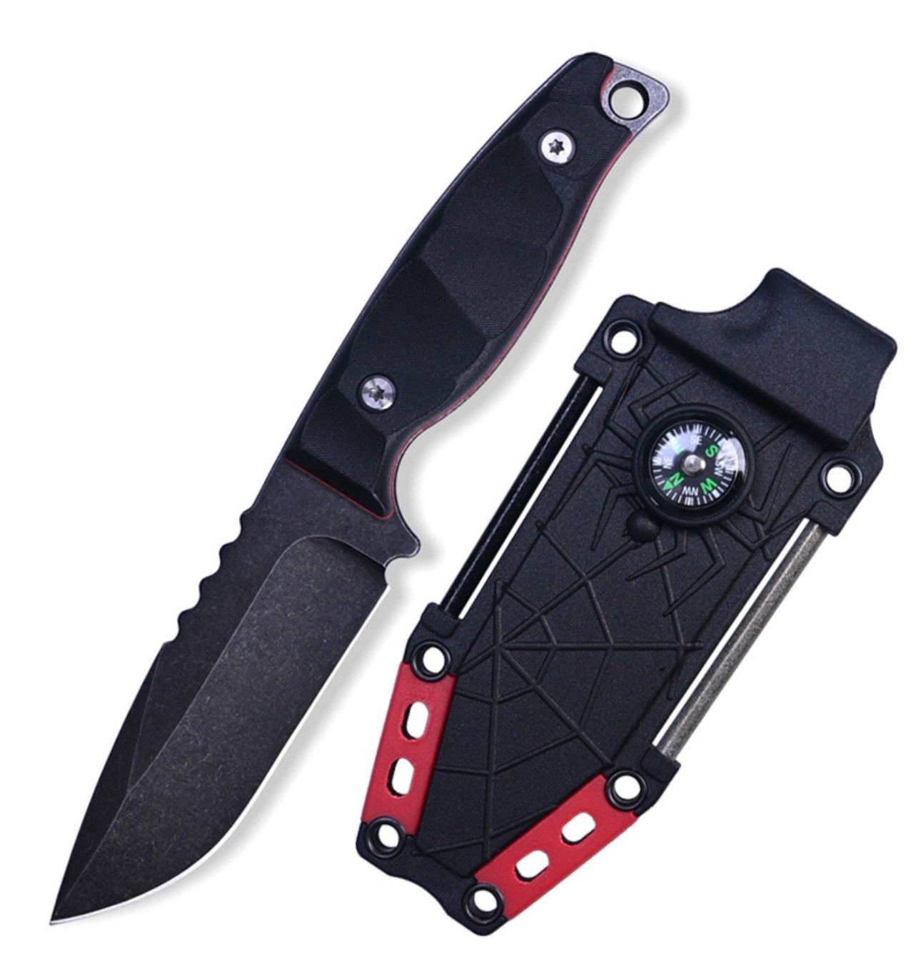 Small Fixed Blade Tactical Hunting Knife with Sheath,Fire Starter,Compass,Mirror