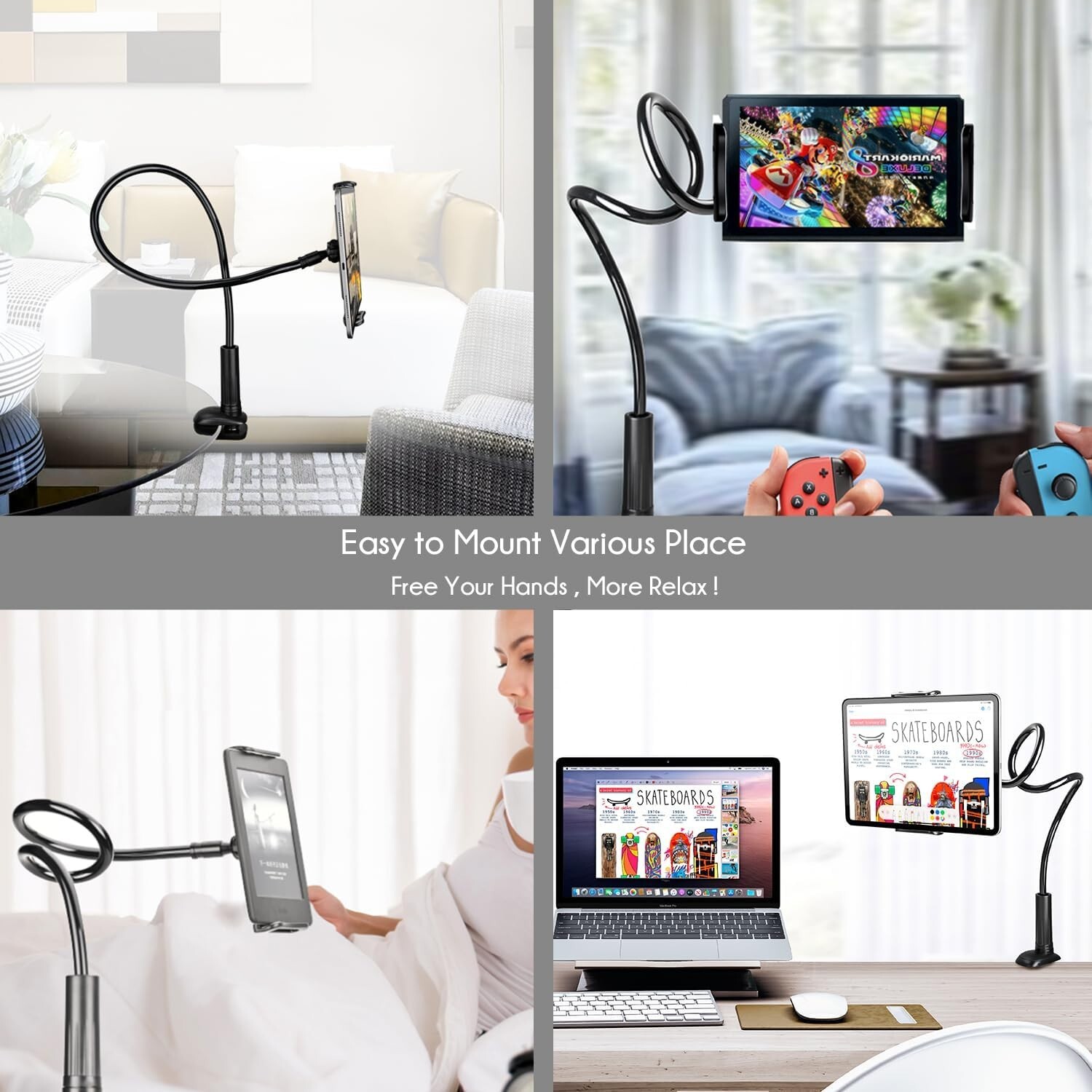 Gooseneck Tablet Stand Kindle Holder For Bed Tablet Stand With Adjustable Flexib