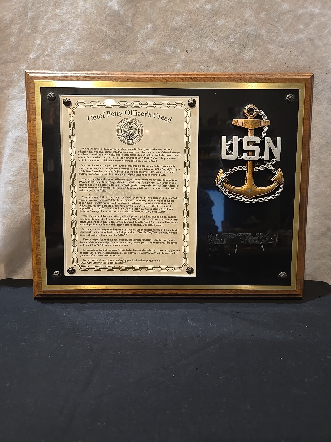 Vintage US Navy CHIEF PETTY OFFICER'S CREED PLAQUE WITH USN ANCHOR LOGO 11x13"