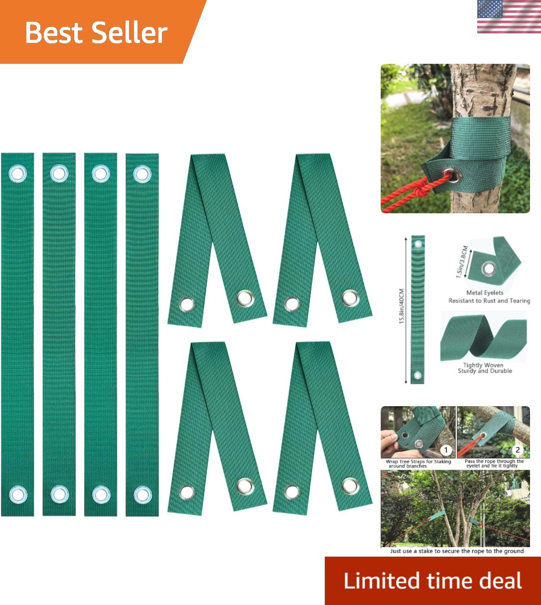 8 Pack  Green Tree Support Straps for Strong Storm Protection & Growth