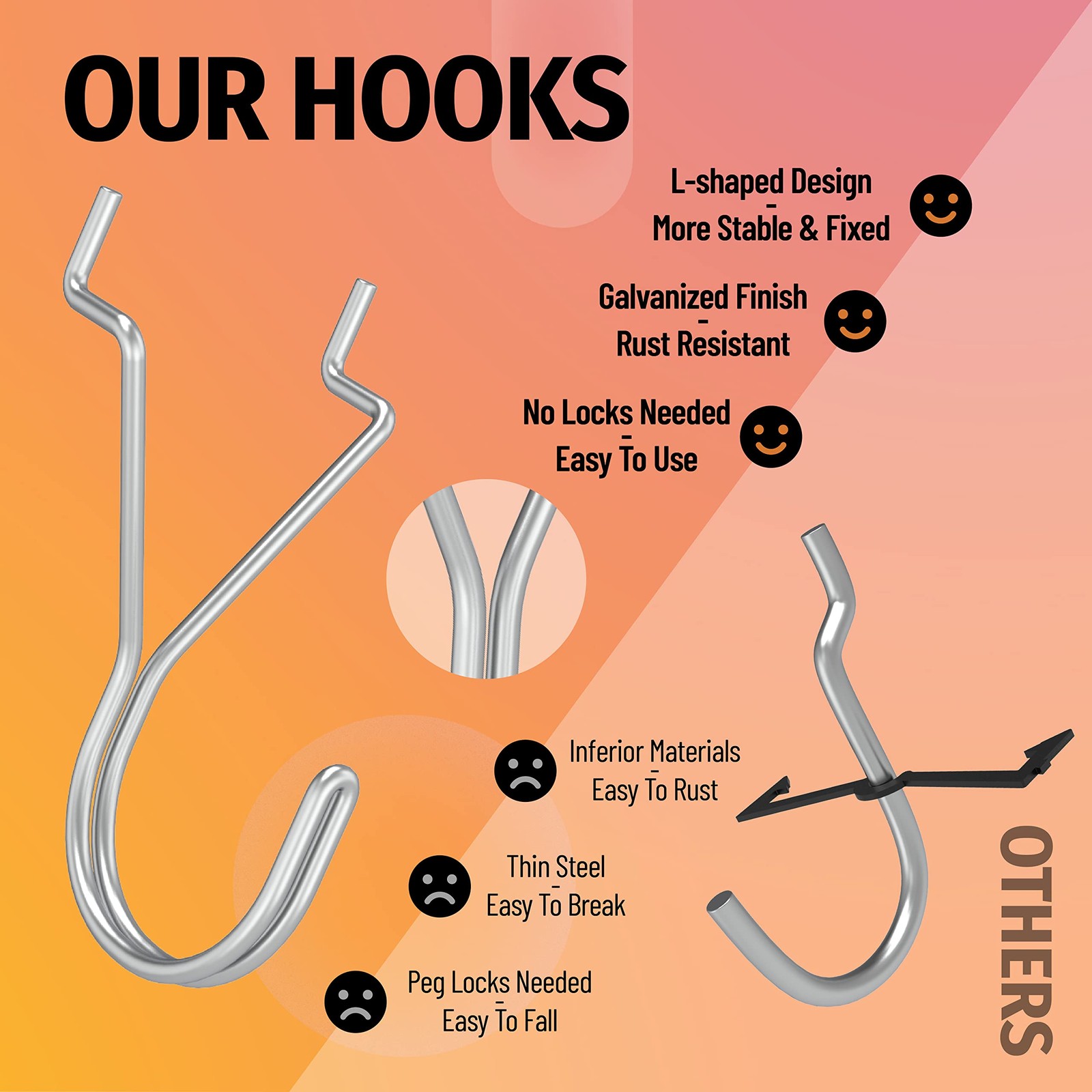 40 Pack Pegboard Hooks J-Hook – 1 Inch Silver J Hooks for Pegboard – Heavy Duty