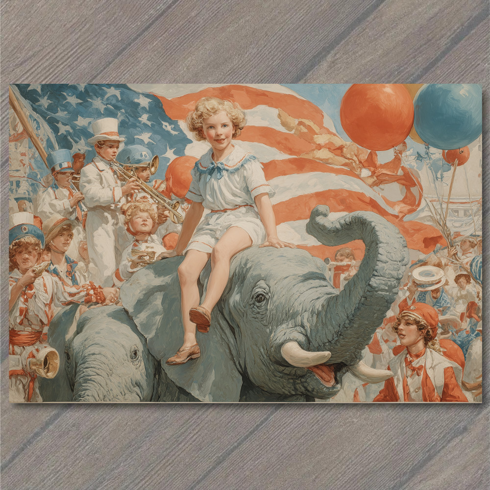 POSTCARD Girl Riding Elephant Patriotic Parade Balloons American Flag Joy