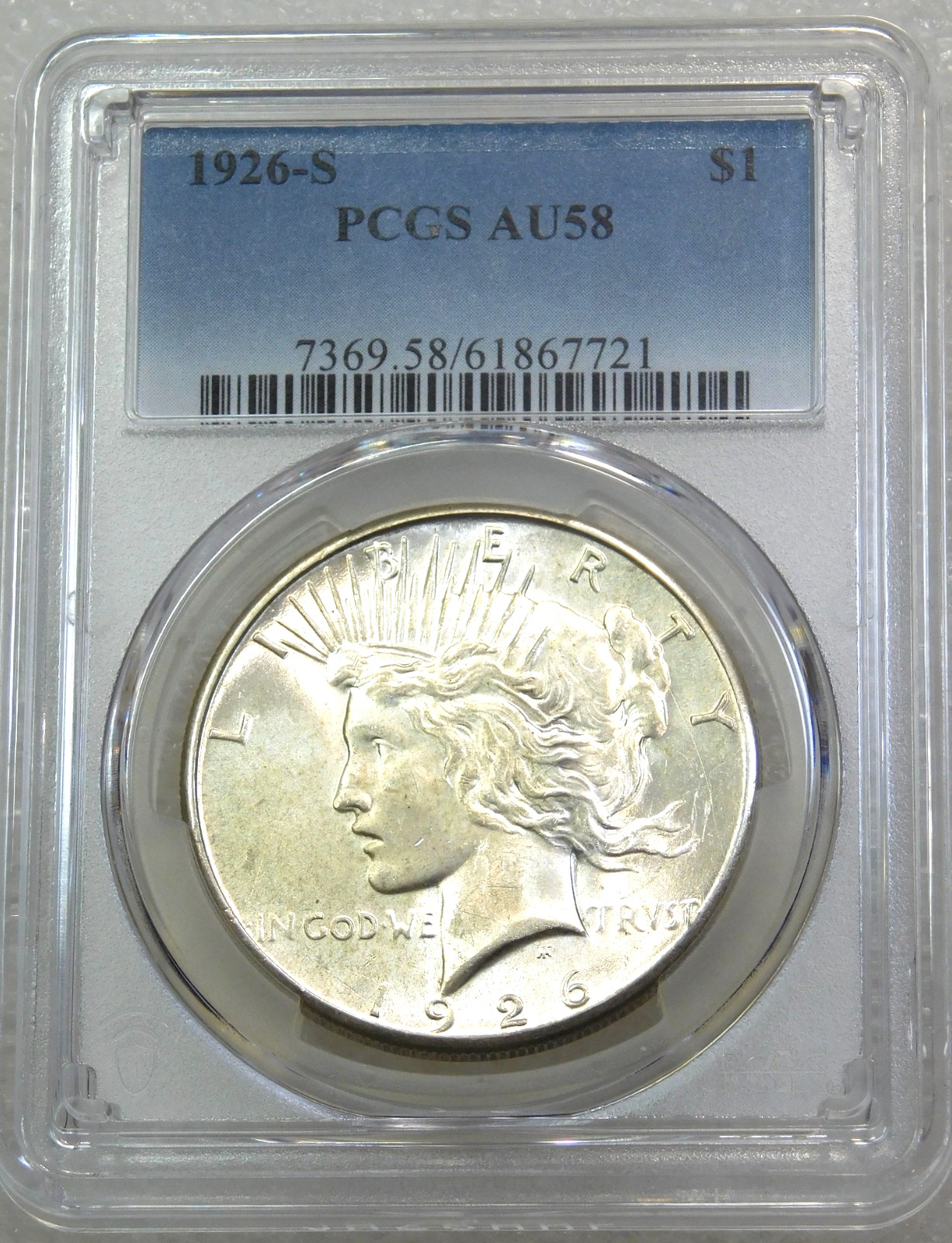 1926-S Peace Silver Dollar PCGS AU58 Frosty White PQ New Holder #H304A