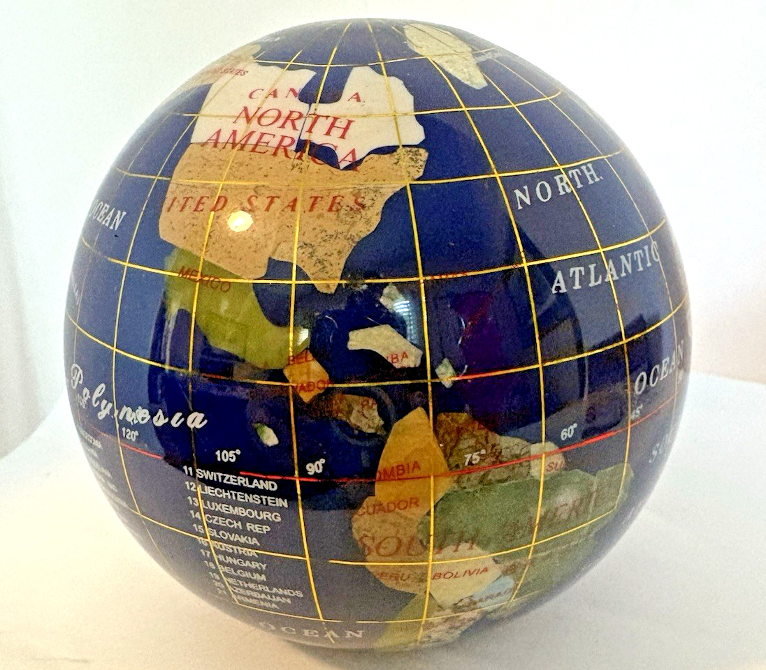 World Globe Desktop Paper weight Mineral Stone Inlay Blue 4"