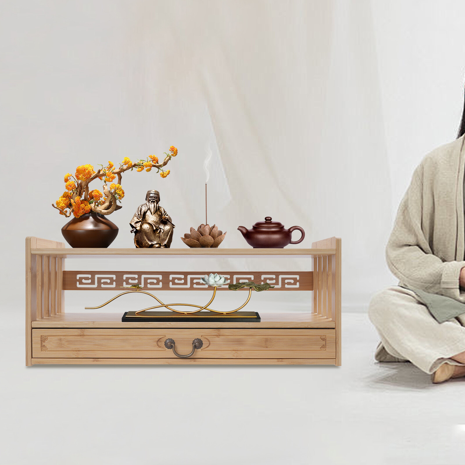 Meditation Storage Table Altar Table with Drawer Rectangular Desktop Organizer