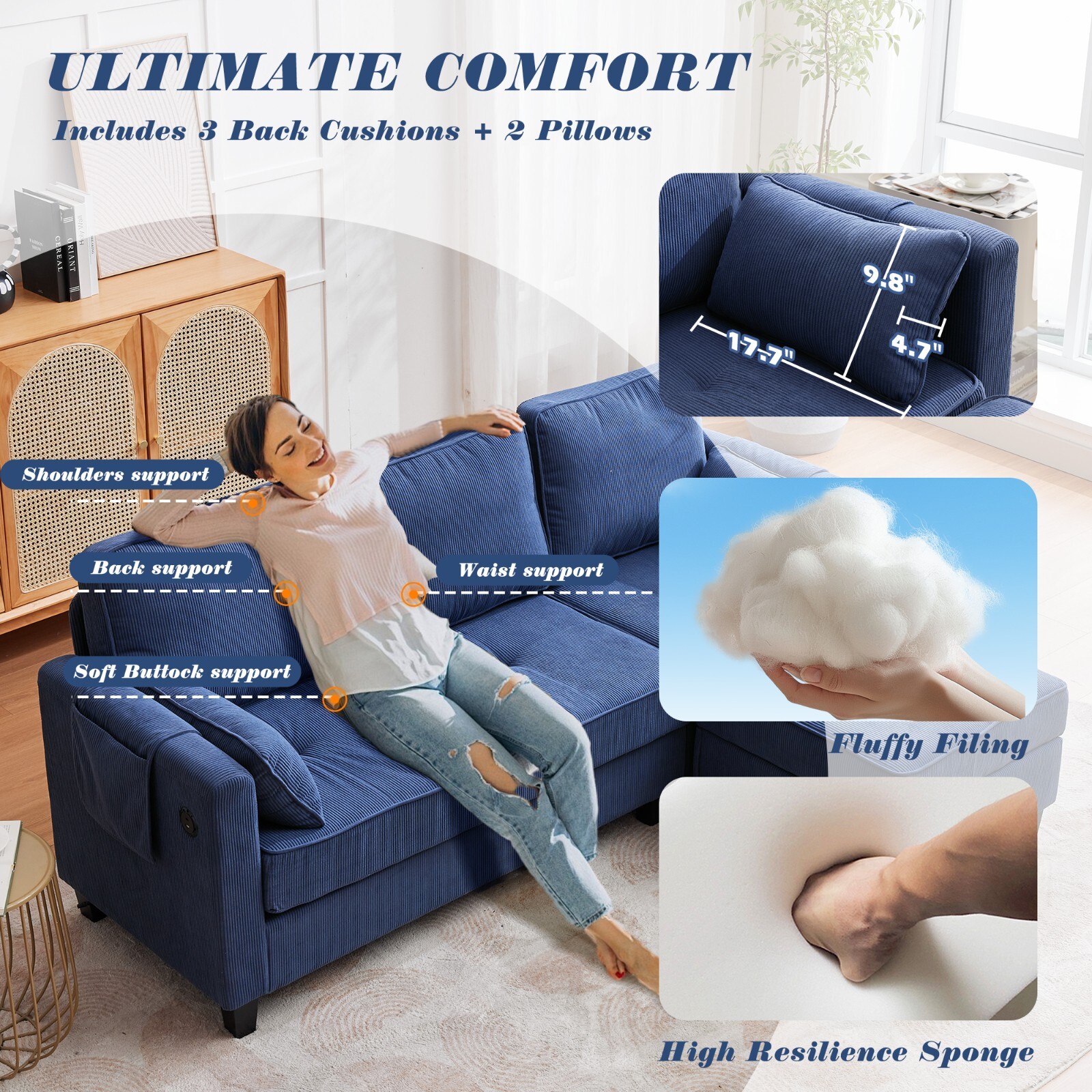 Convertible Sectional Couches W/Storage Chaise, USB Ports, Side Pockets