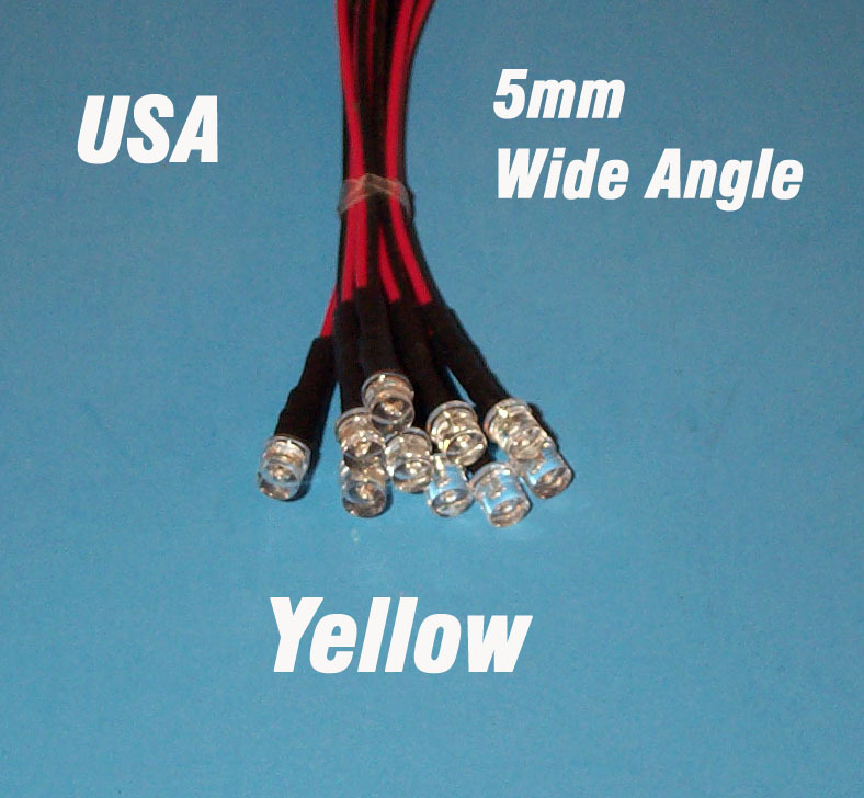 10 x LED - 5mm PRE WIRED 12 VOLT WIDE VIEW ANGLE YELLOW PREWIRED