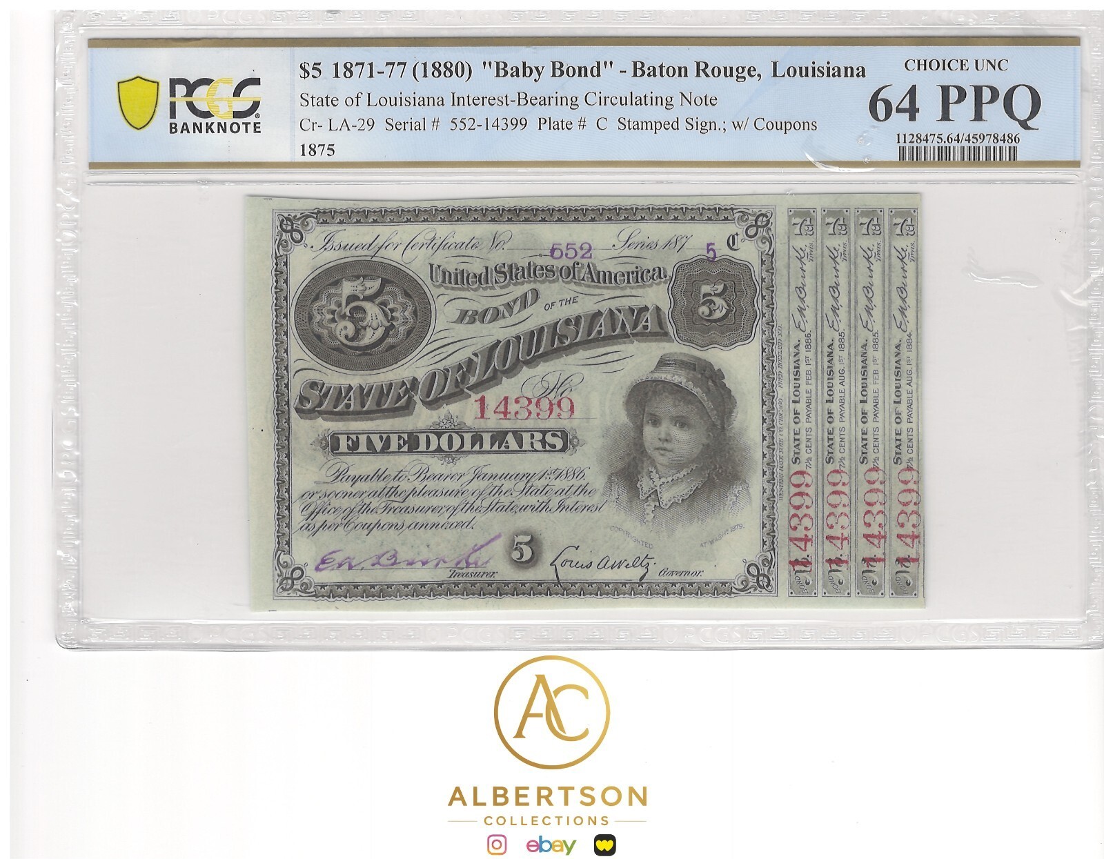 1871-77 (1880) Baby Bond $5 - Baton Rouge, Louisiana - PCGS Choice UNC 64 PPQ