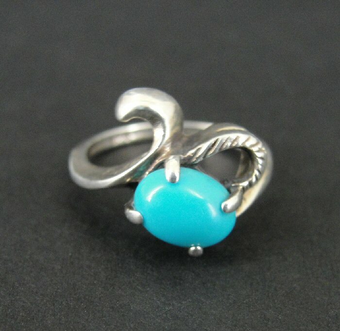 Ring Silver Turquoise Stone Oval with Loopy Band Design Sterling 925 Size 4.5