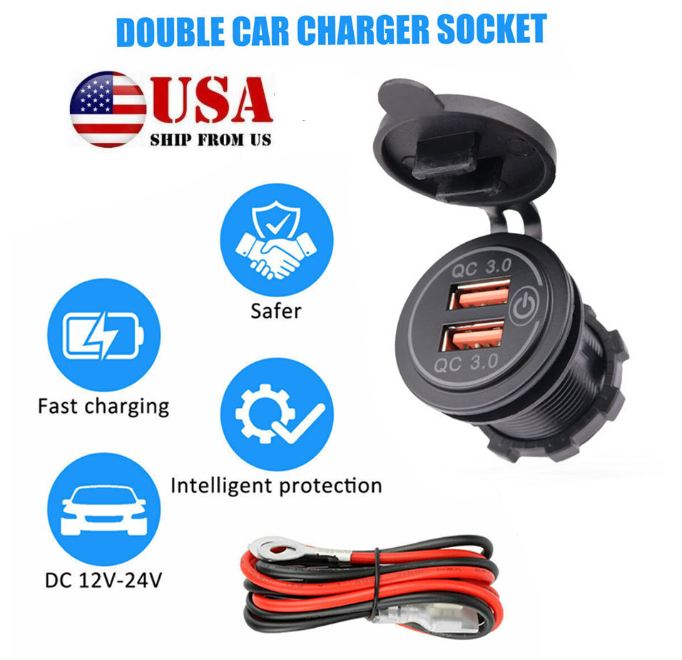 QC3.0 Dual USB Car Fast Charger Cigarette Lighter Socket Power Outlet Waterproof