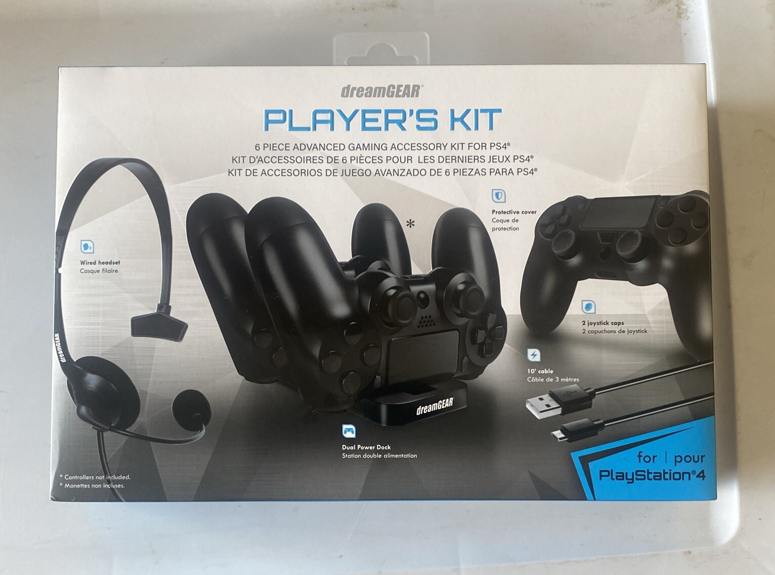 🆕 PS4 dreamGEAR 6-Piece Player's Kit Headset, Charger, Cover, Caps, Cable ✅ NEW