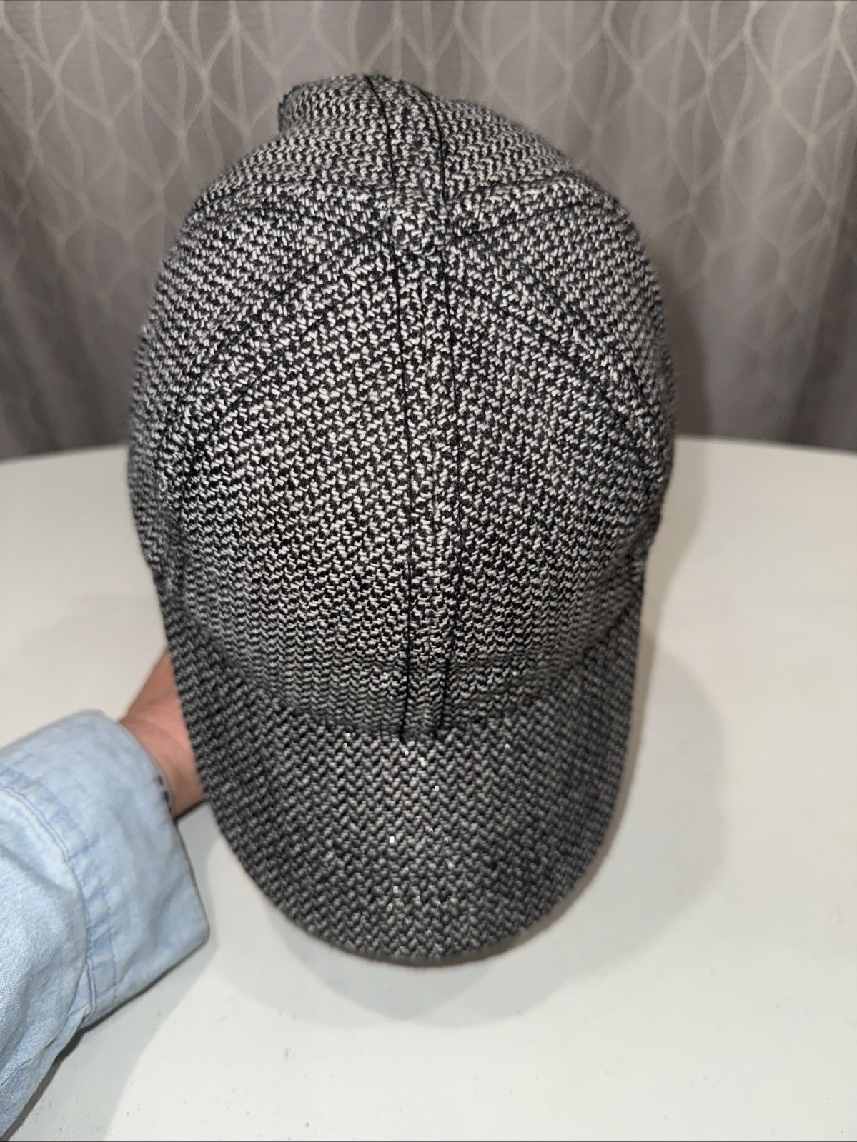 Tweed Black White Look Fabric on 6 panel Hat Cap Hook Loop EUC
