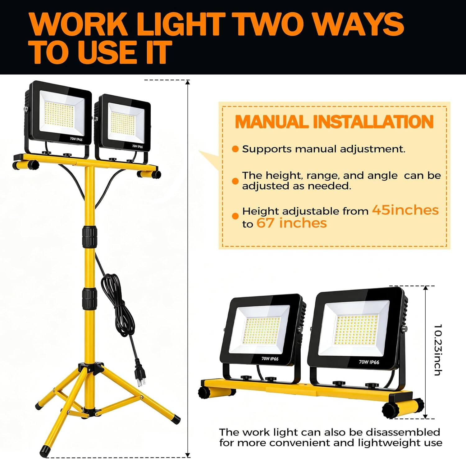 LED Work Lights with Stand, 14000 Lumen, 2-Head Adjustable Work Light, Waterproo