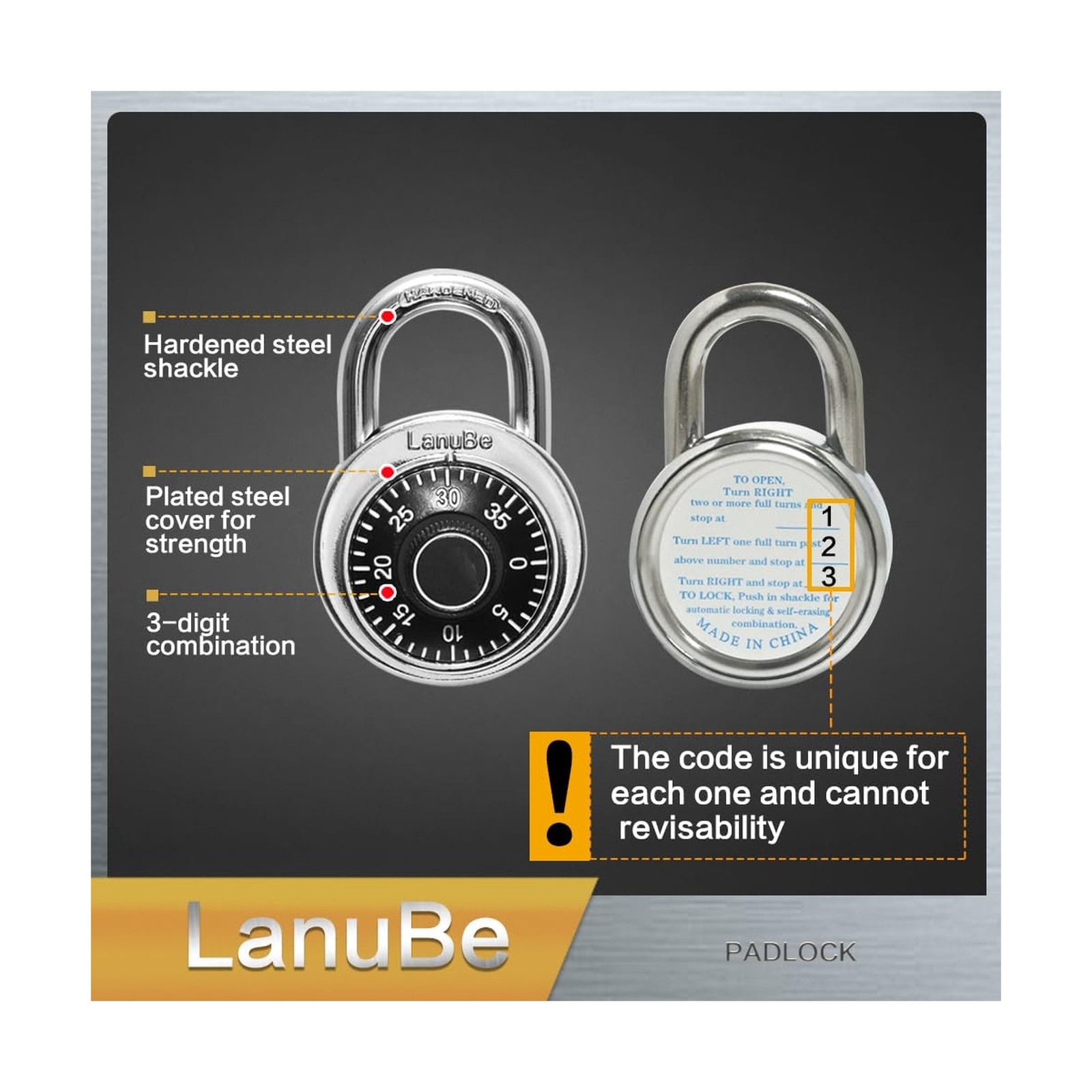 Lock Standard Dial Combination Lock, 2 inch. Wide, with Different Combination...