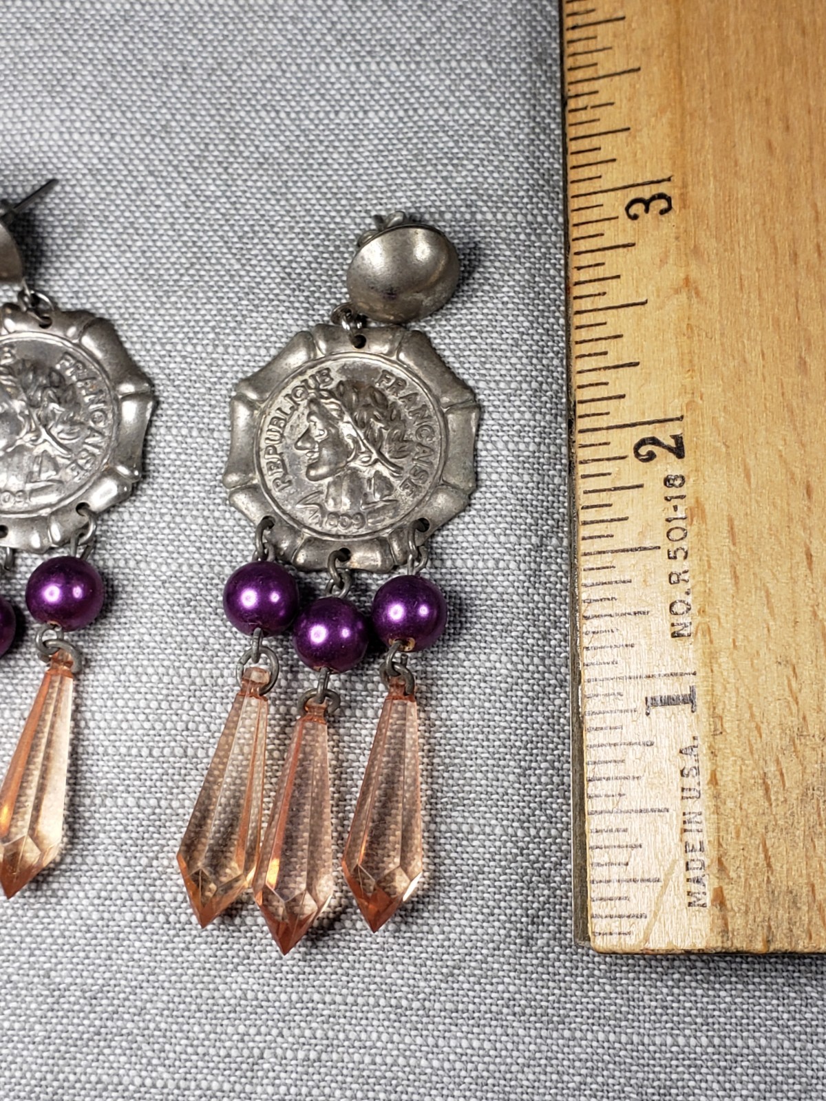 Republique Francais Earrings Pierced Simulated Coin Dangle C54