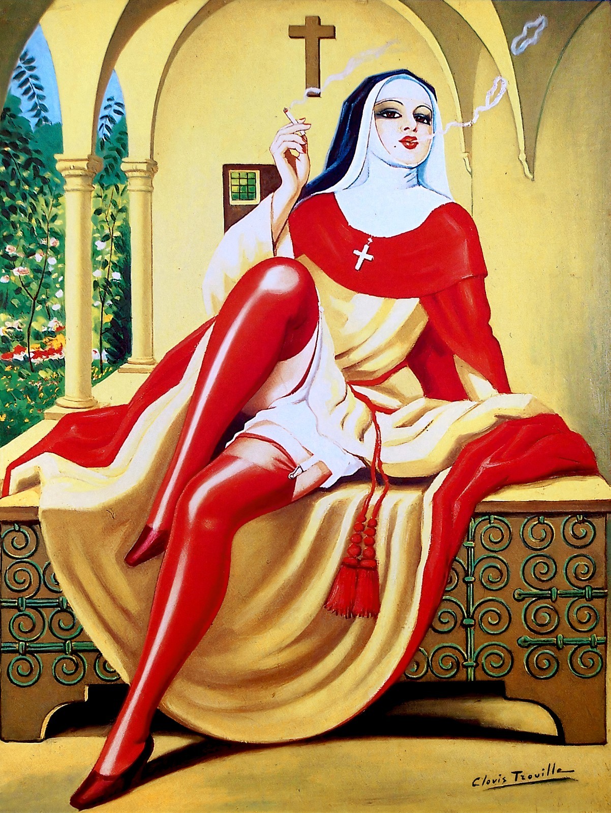 Clovis Trouille: Italian Nun Smoking Cigarette Archival Quality Fine Art Print
