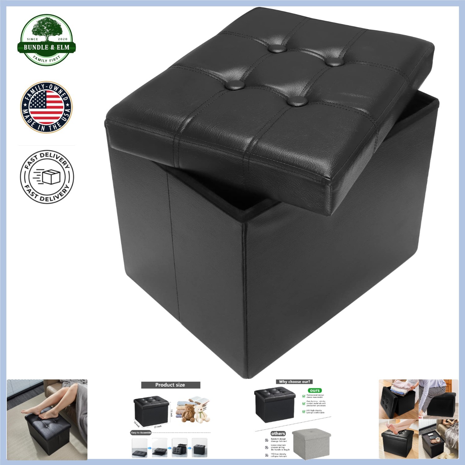 Compact Rectangular Footstool with Storage, Leather Upholstery, 17 x 13 Inches