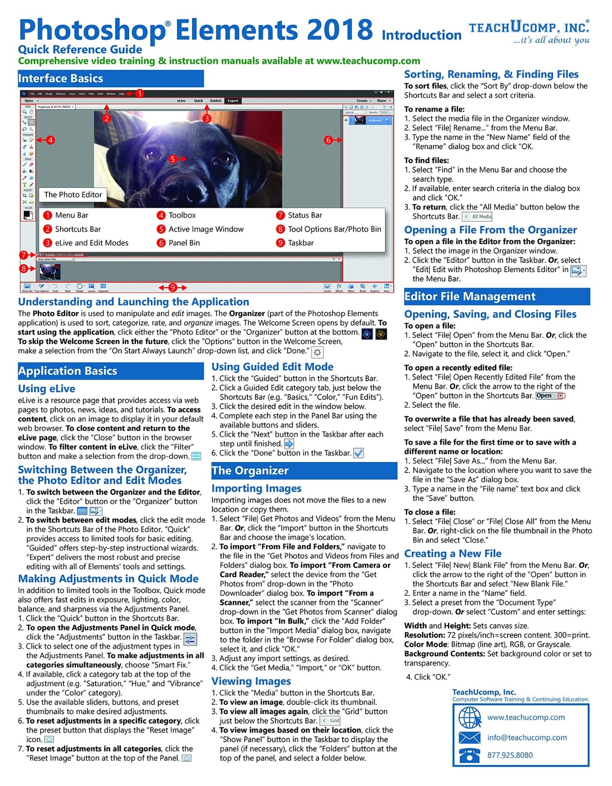 Photoshop Elements 2018 Training Guide Quick Reference Card 2 Page Cheat Sheet