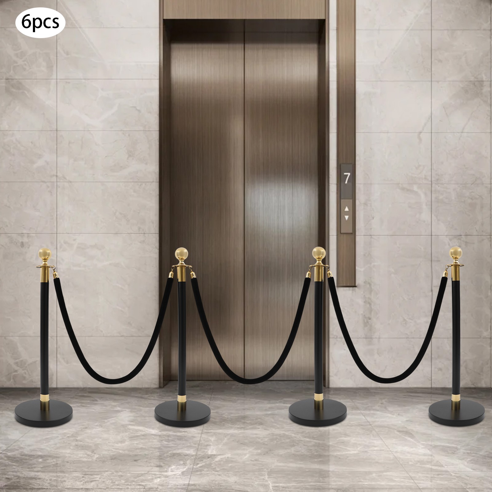 6x Gold+Black Stanchion Posts Queue Pole with 3 1.5M Ropes Crowd Control Barrier
