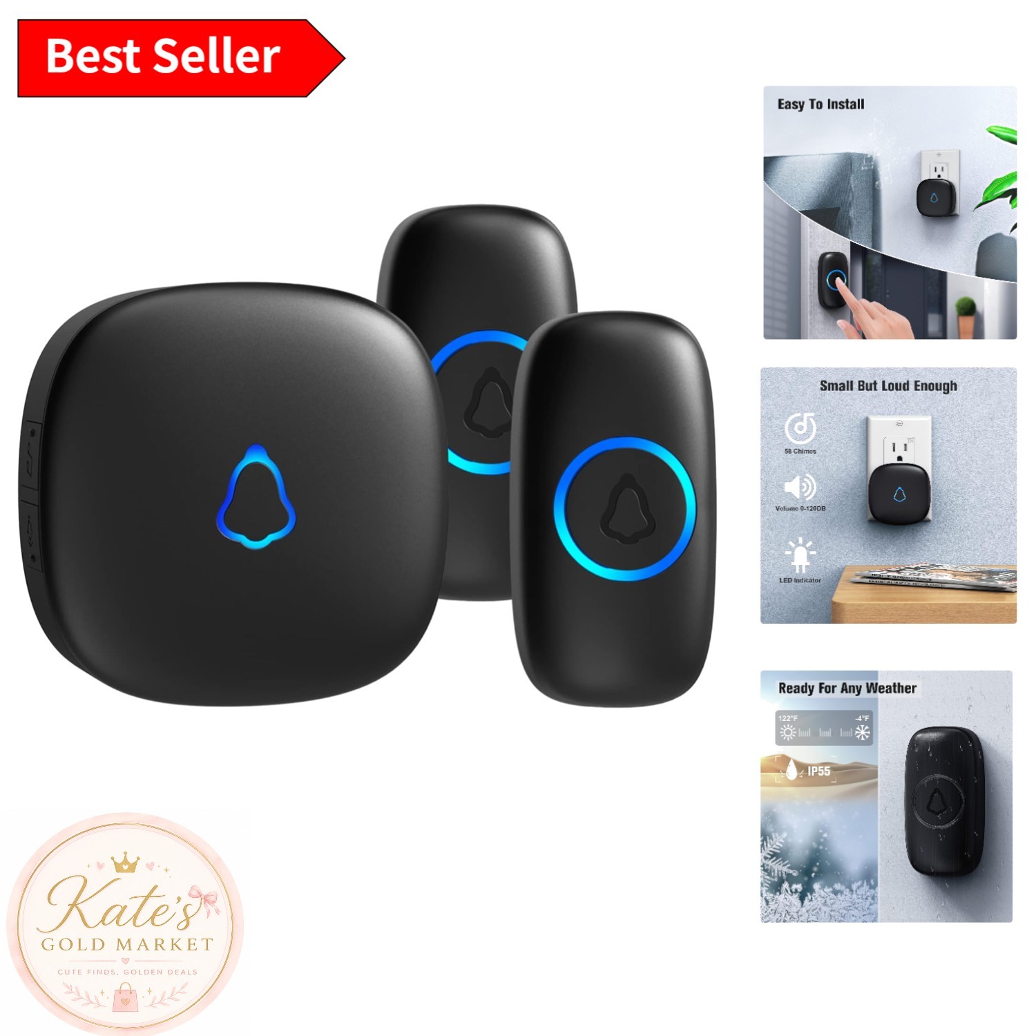 Wireless Waterproof Doorbell with 2 Buttons, 1,000ft Range & 58 Chimes - Black