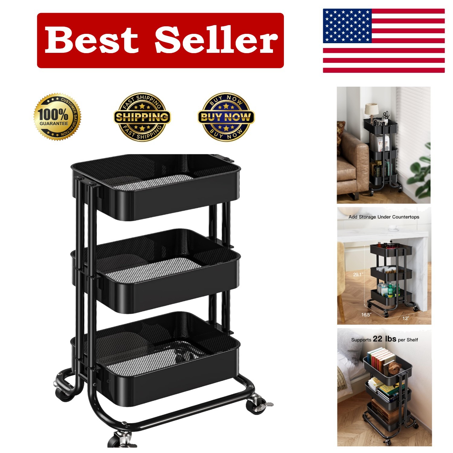 Multifunctional 3-Tier Rolling Utility Cart with Mesh Baskets - Ideal for Home