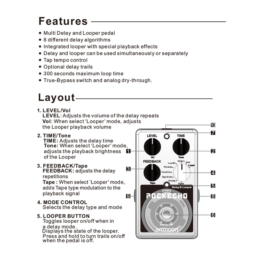 Ammoon POCKECHO Delay & Looper Guitar Effect Pedal 8 Delay Effects Max. 300s
