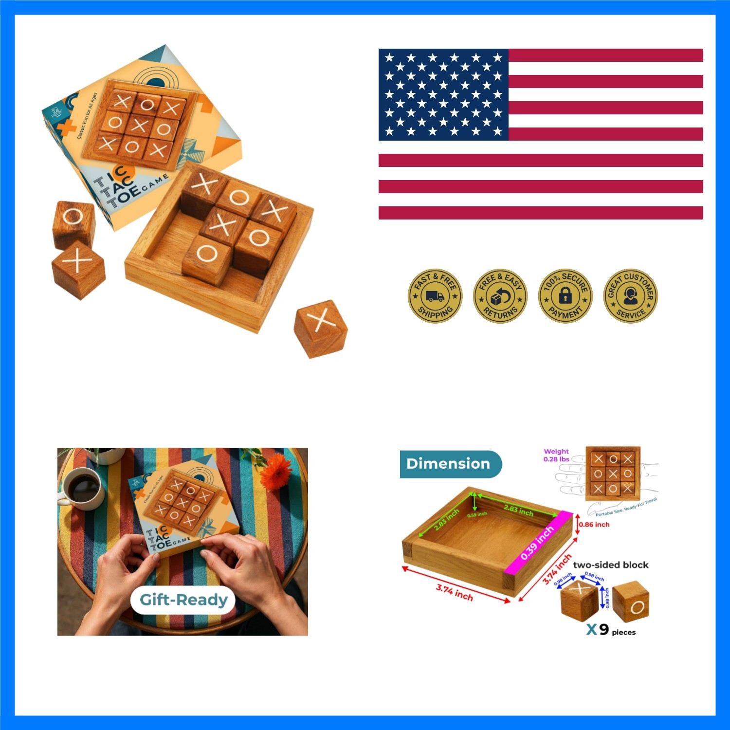 Wooden Tic Tac Toe Coffee Table Decor Game Living Room Home Office Decorative...