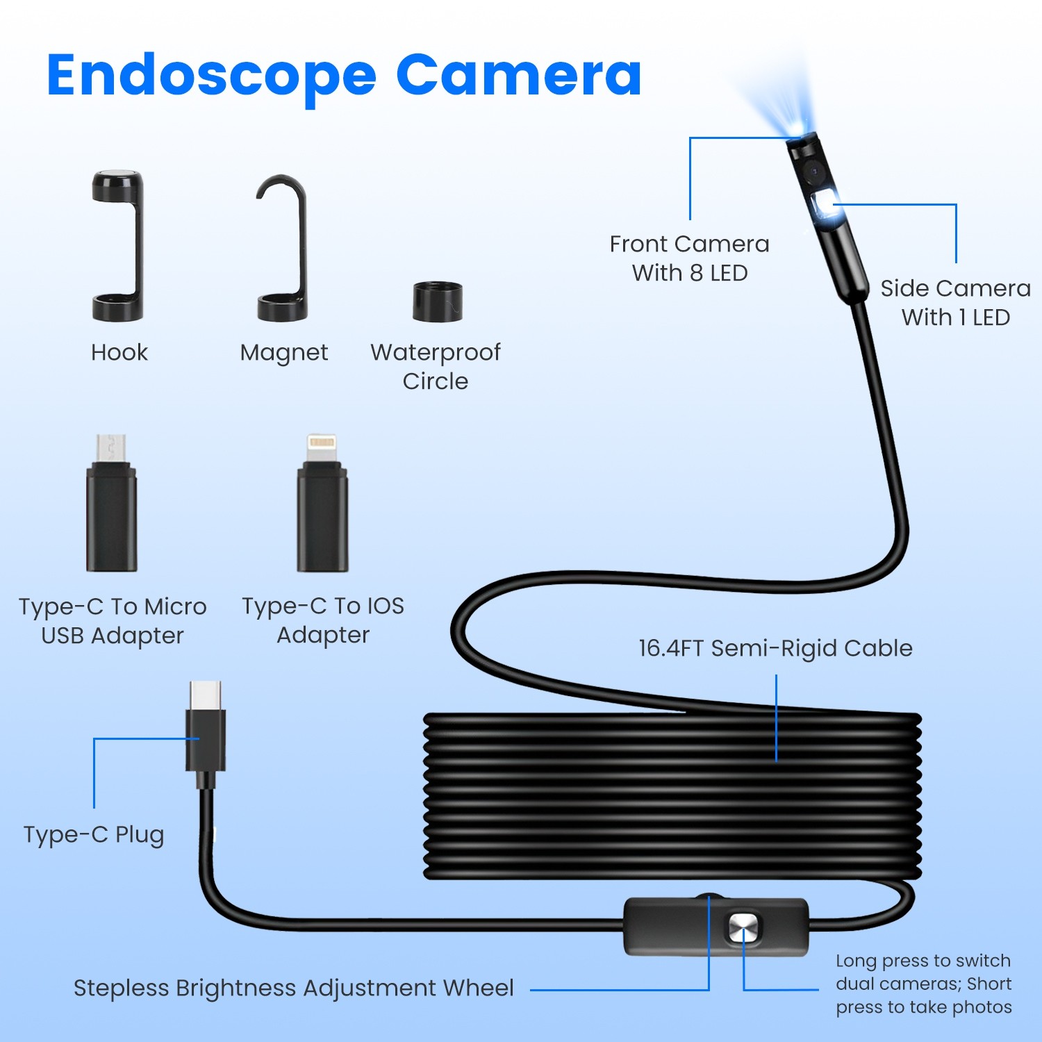 1920P HD Endoscope Camera w/ Light Inspection Borescope Tool APP Control Camera