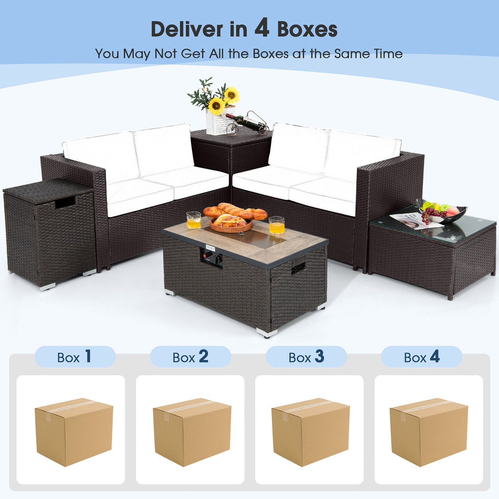 6PCS Patio Sofa & Fire Table Set Rattan Sectional Sofa Set w/Storage Box Red