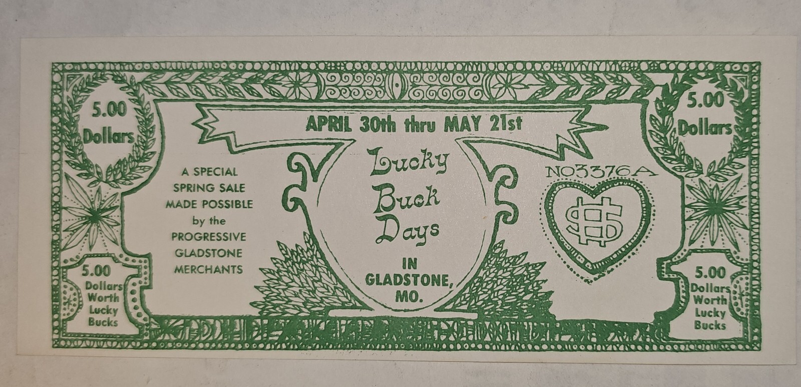 $5.00 Bill Lucky Buck Days in Gladstone MO. Merchant Money circa 1960s